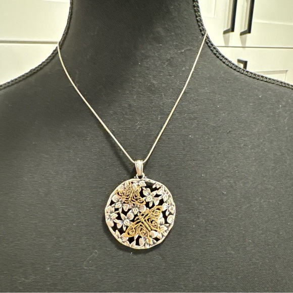 Mixed Metal Butterfly Pendant 2” On Chain - Picture 2 of 7